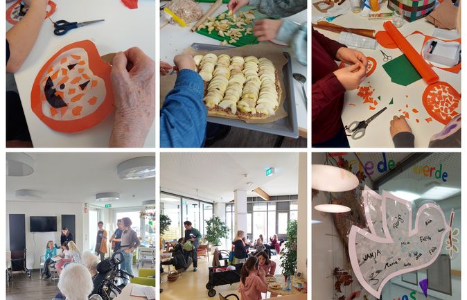 Kinder und Senioren beim Basteln und Backen im Konrad-Manopp-Stift