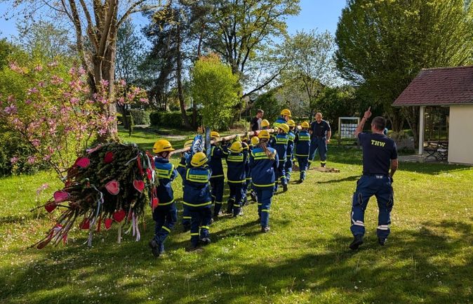THW-Jugend trägt geschmückten Maibaum unter Anleitung