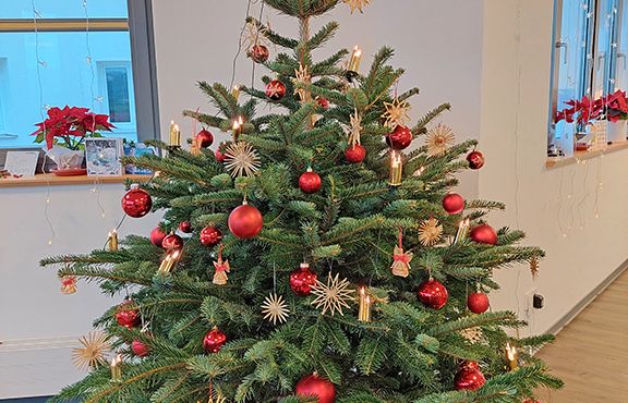 Geschmückter Weihnachtsbaum mit roten Kugeln und Strohsternen