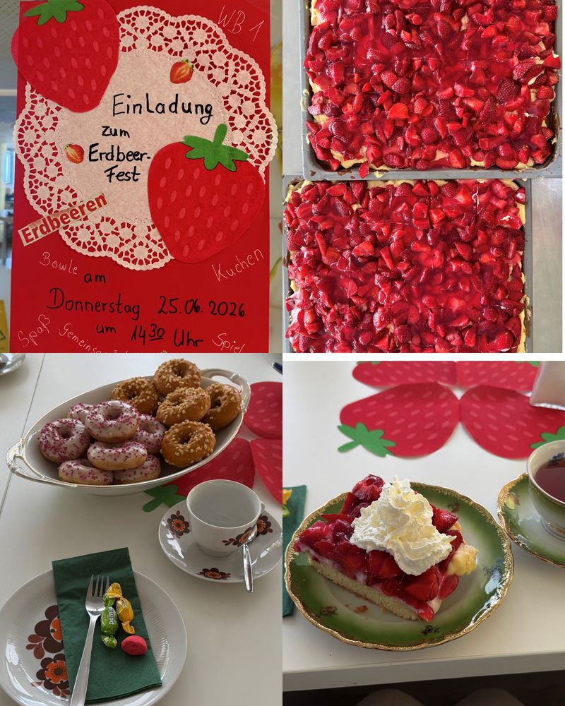 Einladungsposter und Erdbeerkuchen mit Sahne im Konrad-Manopp-Stift