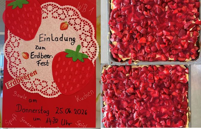 Einladungsposter und Erdbeerkuchen mit Sahne im Konrad-Manopp-Stift