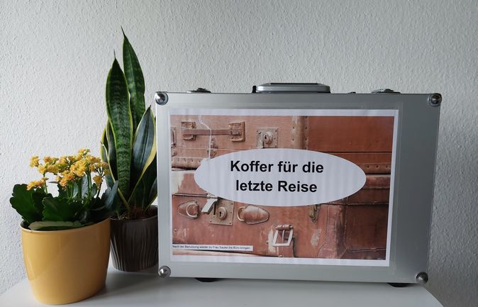 Aluminiumkoffer mit Poster Koffer für die letzte Reise neben Pflanzen